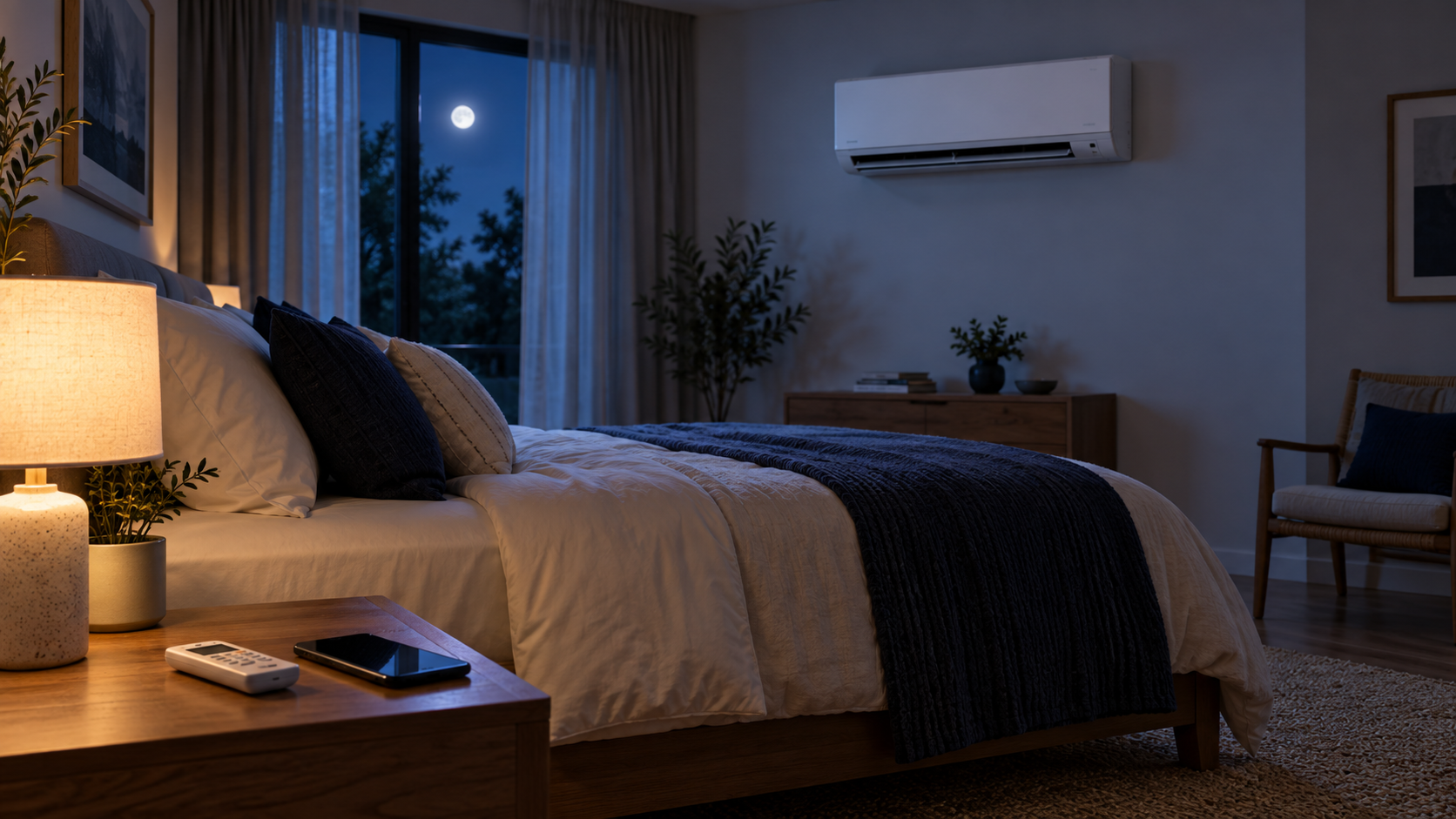 Climatizzatore in una camera da letto notturna, con telecomando e telefono sul comodino