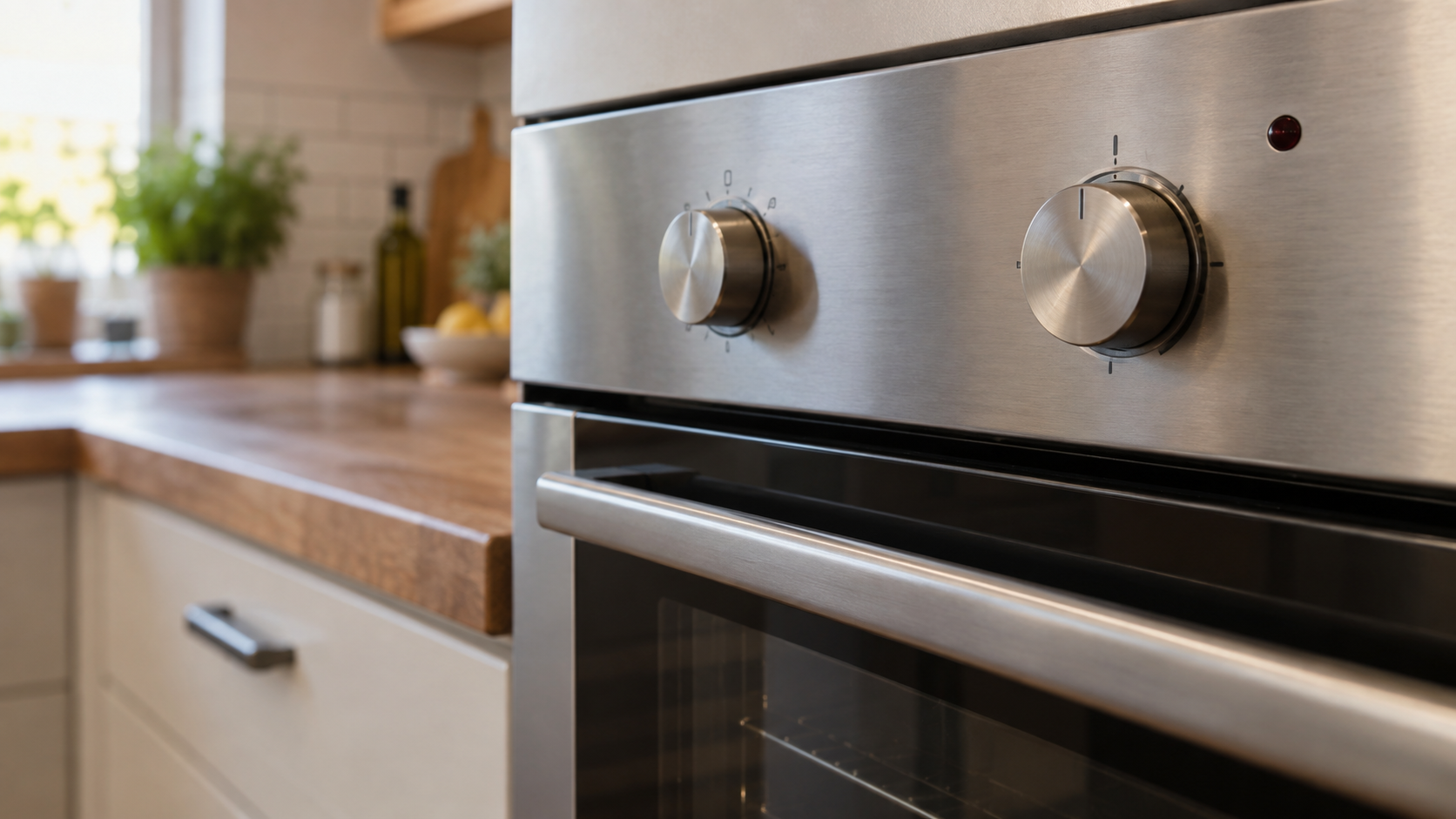 Dettaglio dei comandi di un forno elettrico domestico con manopola della temperatura e spia di riscaldamento